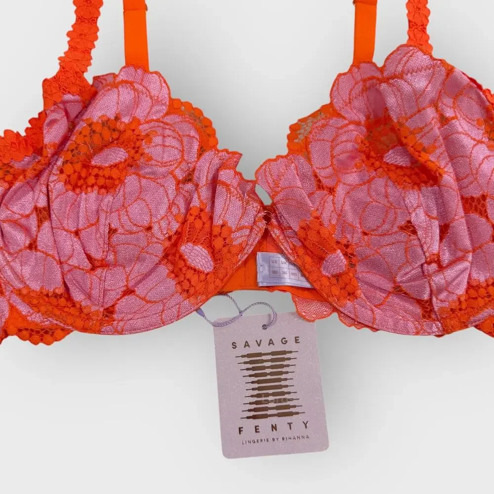 SavagexFenty Perfect Poppies Unlined Lace Demi Bra 38D Pink Orange Festival Top - Picture 3 of 10